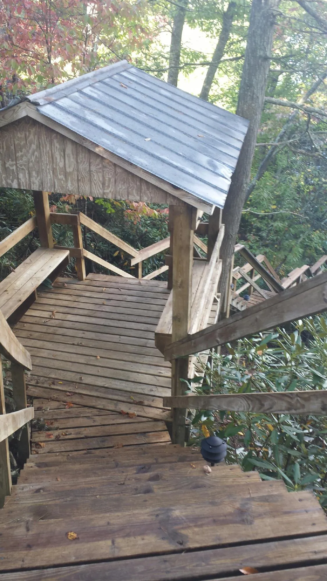 Metal roofed shelter over wooden steps on a wooded walkway — Skylight Repair & Installation work by our crew in Prattsburgh